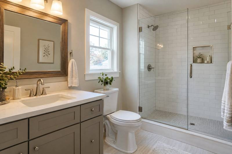 Bathroom with a white vanity, a mirror, and a tiled walk-in shower