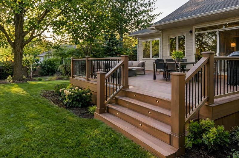 Wood deck with a railing and stairs beside a house