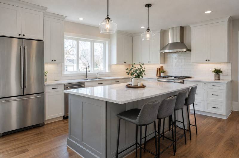 Kitchen with white cabinets, a farmhouse sink, and wood flooring