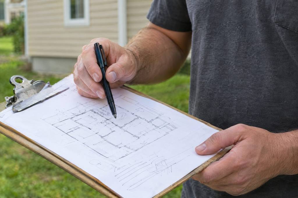 Carpenter kneeling to mark a board on a residential job site
